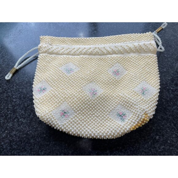 Vtg 1950's Candy Dot Beaded Drawstring Handbag Beige & Clear Colored Bakelite - Picture 6 of 9